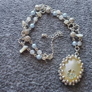Avon necklace blue pearly egg rhinestones flower